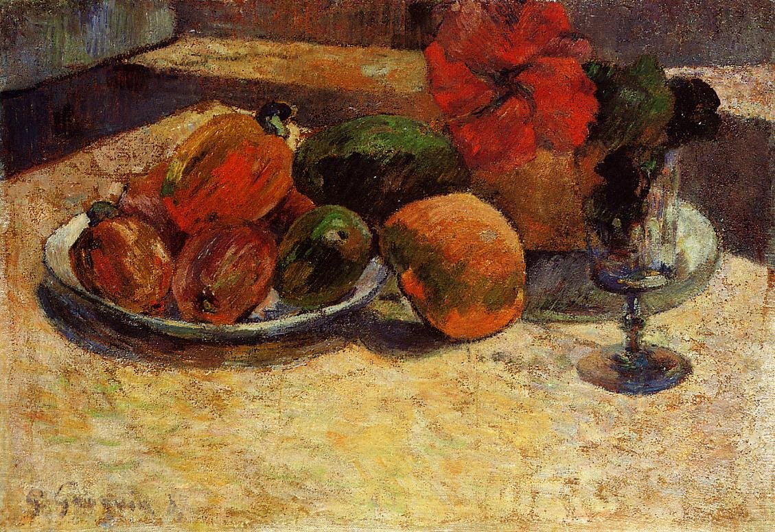 Eksoottisia hedelmiä punaisilla kukilla tekijältä Paul Gauguin