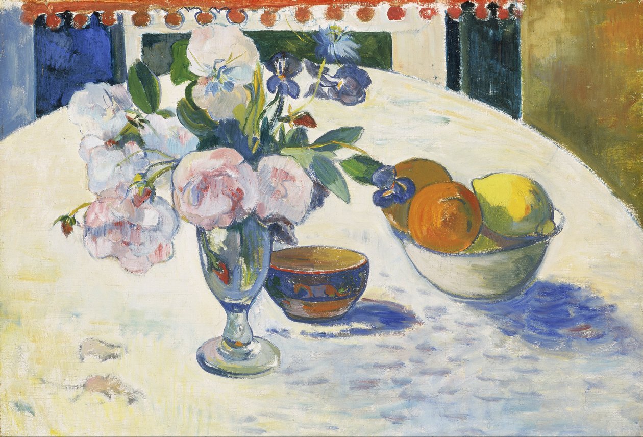 Kukkia ja hedelmäkulho pöydällä tekijältä Paul Gauguin