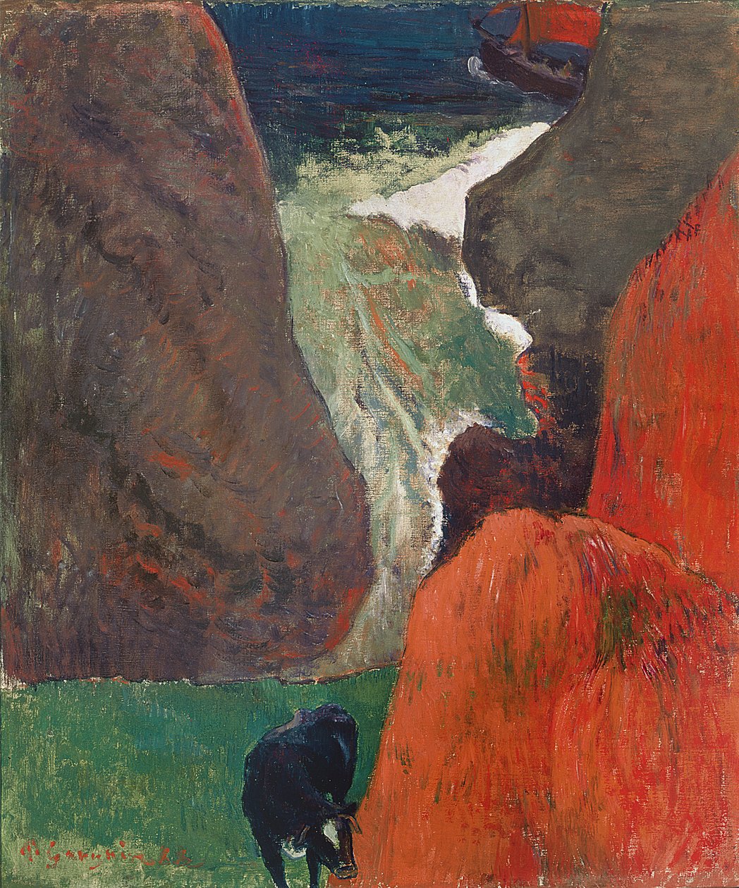 Merimaisema lehmän kanssa. Kallion reunalla, 1888 tekijältä Paul Gauguin