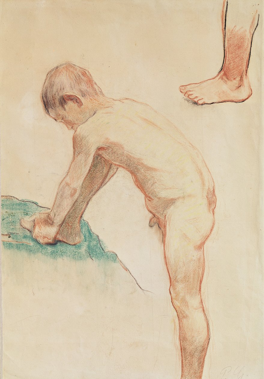 Tutkimus pojasta ja jalasta, 1888 (punaliitu, hiili ja pastelli beigelle paperille) (ks. myös 146451) tekijältä Paul Gauguin