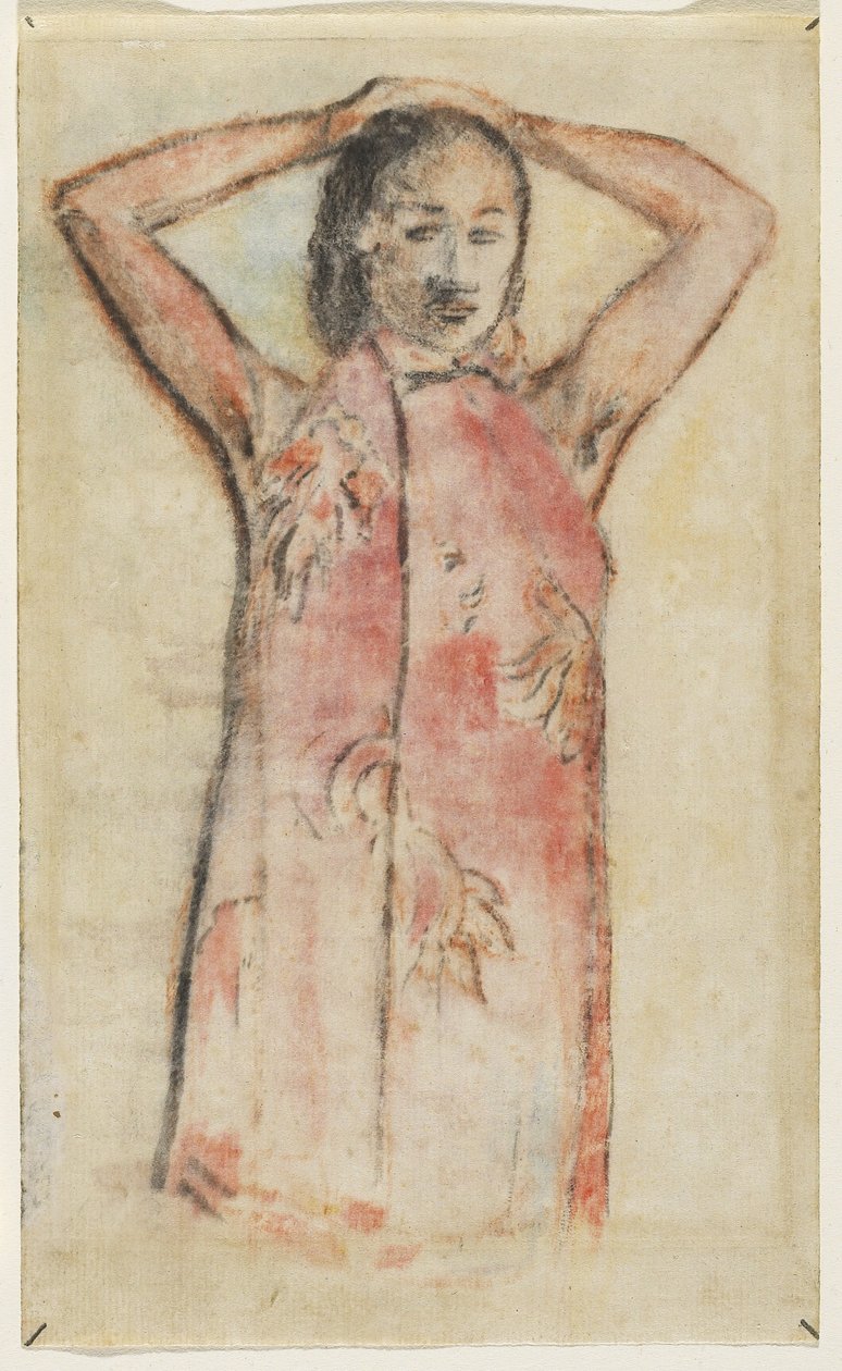 Tahitilainen tyttö Pink Pareussa, 1894 (guassi- ja wc-siirto paperille) tekijältä Paul Gauguin