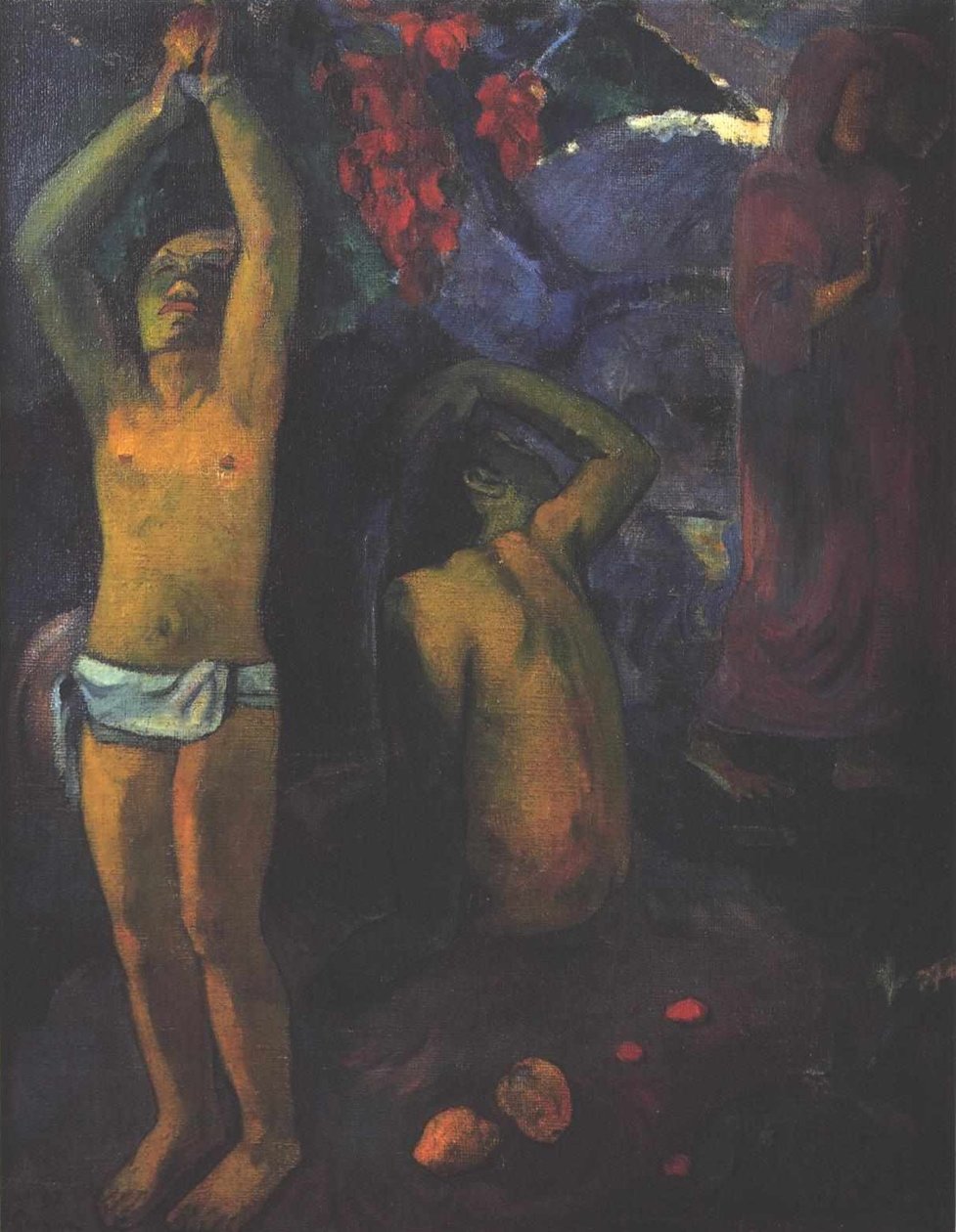 Tahitischer Mann mit erhobenen Armen tekijältä Paul Gauguin