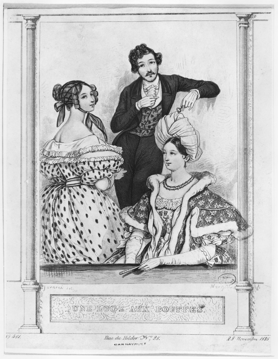Teatterilaatikko Bouffesissa, kaiverrus Jean Denis Nargeot (s.1795) 28. marraskuuta 1835 tekijältä Paul Gavarni