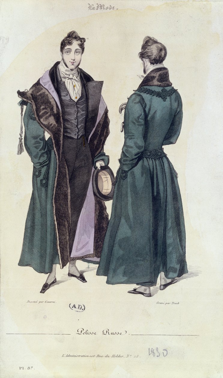 Ranskalainen Pelisse Russe -muotilevy, 1830 (värikaiverrus). tekijältä Paul Gavarni