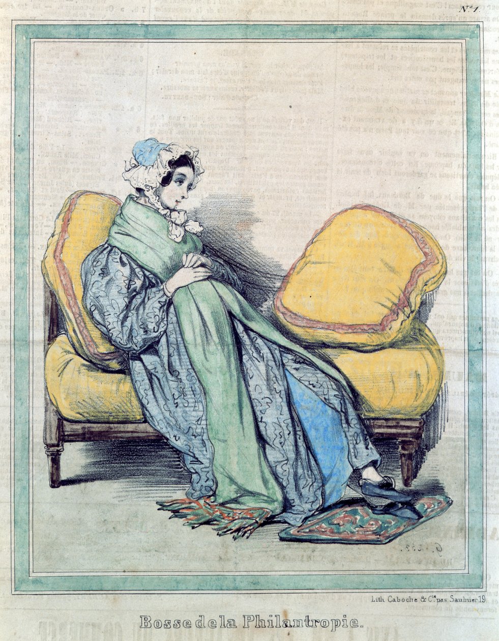 Raskaana oleva nainen, Bump of Philanthropy, karikatyyri elokuvasta "Le Charivari", n. 1840 tekijältä Paul Gavarni