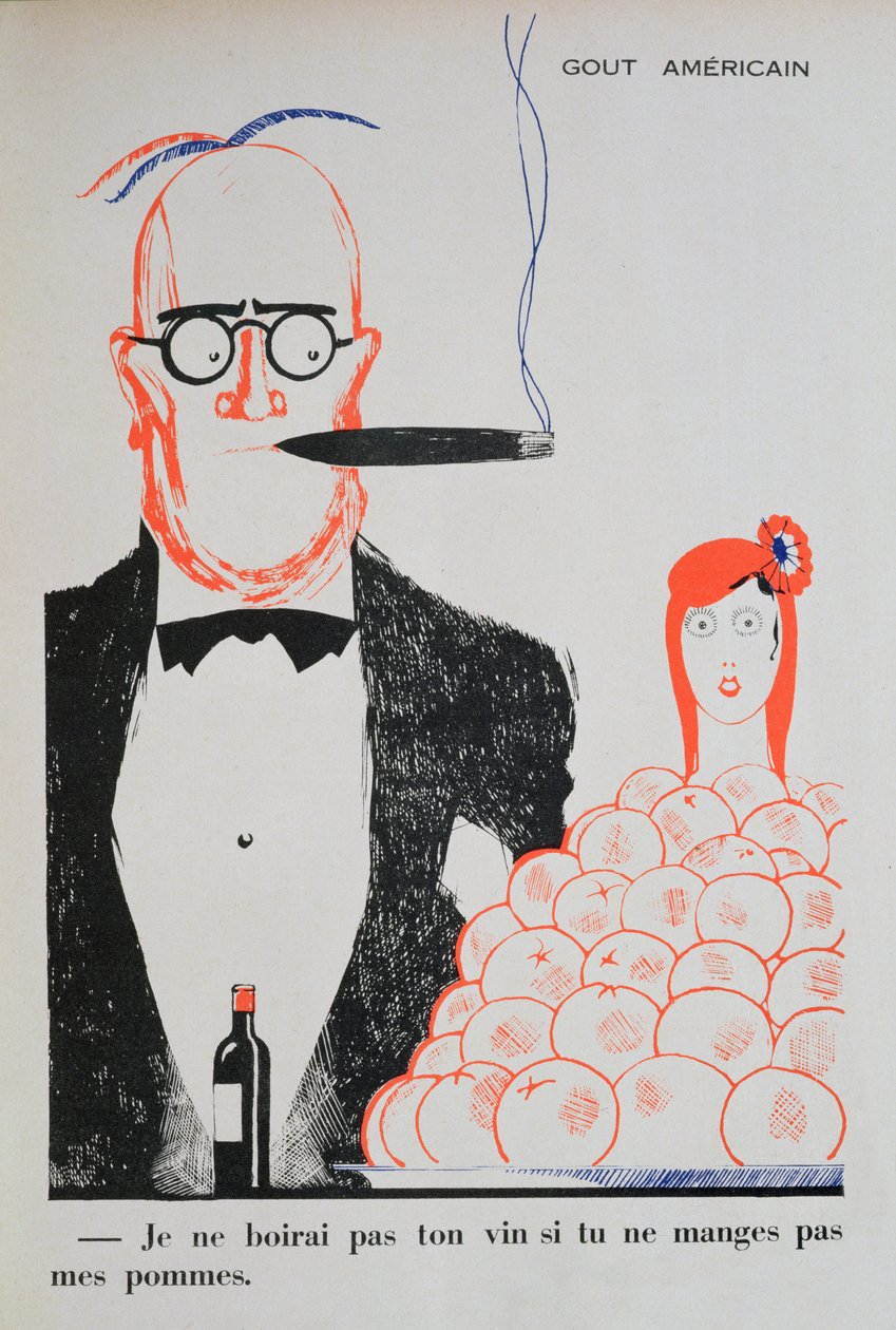 Karikatyyri ranskalais-amerikkalaisista suhteista, kuvitus Paul Iriben (1883-1935) "Parlons Francaisista" 1934 tekijältä Paul Iribe