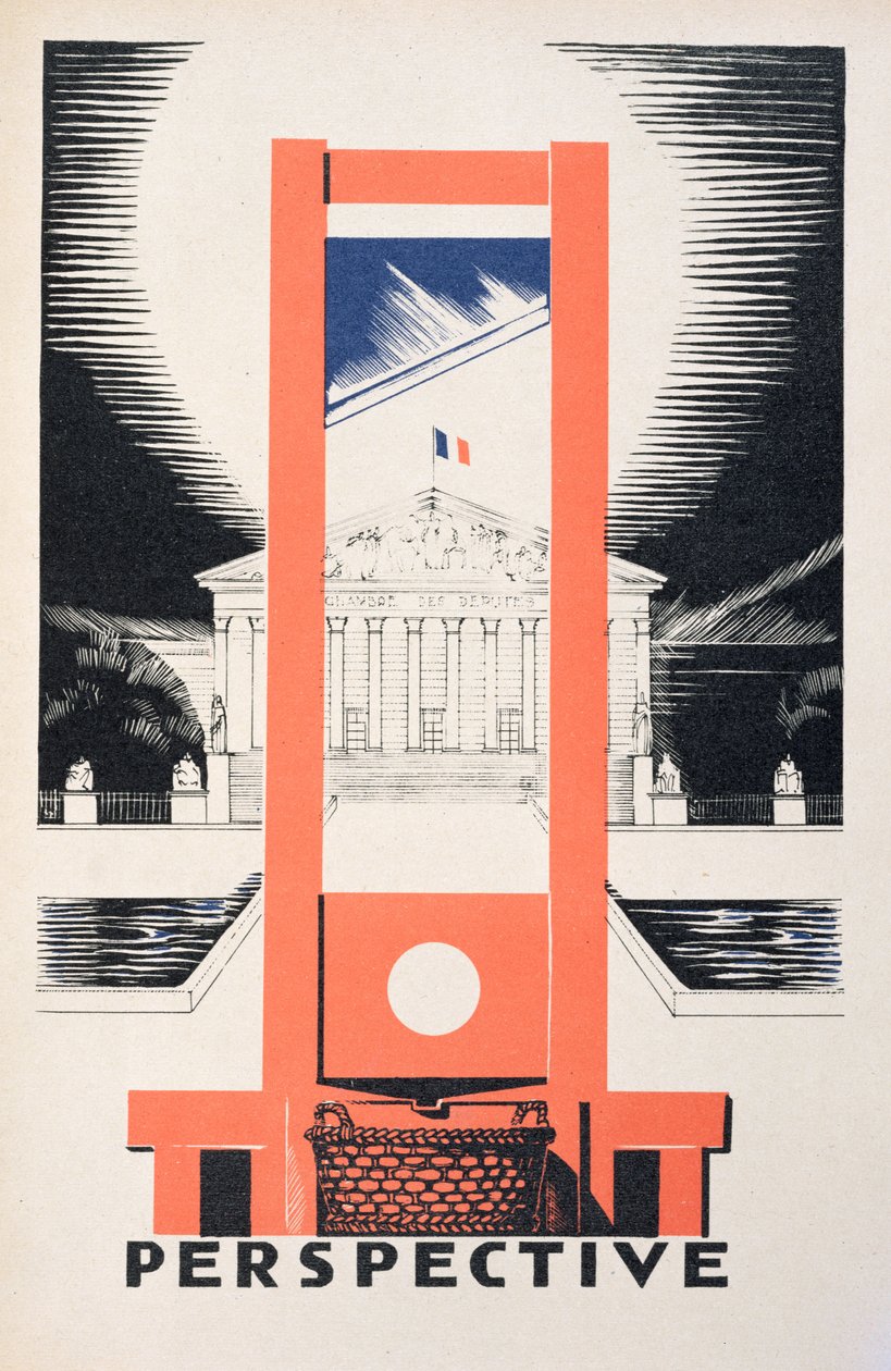 "Perspective", giljotiini vastapäätä kansalliskokousta, kuvitus Paul Iriben (1883-1935) "Parlons Francaisista", julkaissut Editions Floury, Paris 1934 tekijältä Paul Iribe