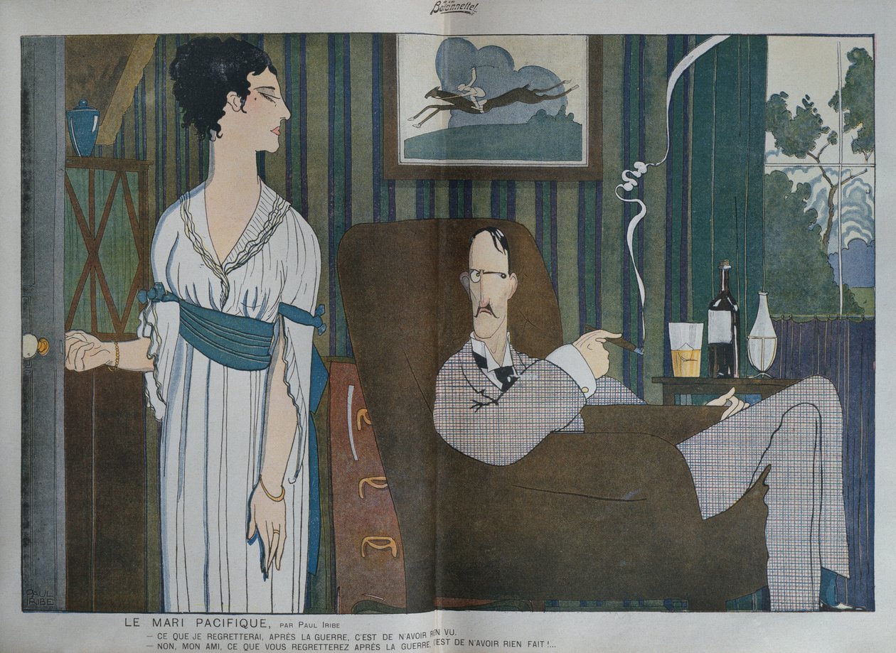 Pasifisti aviomies, kuvitus "La Baionnettesta", 2. syyskuuta 1915 tekijältä Paul Iribe
