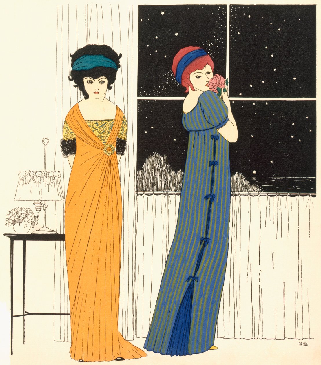 Kaksi empire line -iltapukua, Les Robes de Paul Poiret vuodelta 1908 (pochoir print) tekijältä Paul Iribe