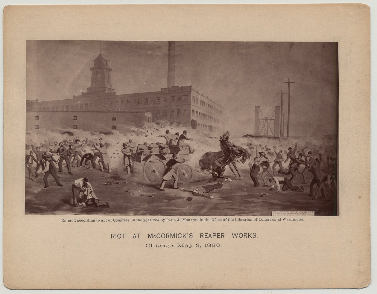 Mellakka McCormicksin niittotehtaissa, Chicago, 3. toukokuuta 1886 tekijältä Paul J. after Morand