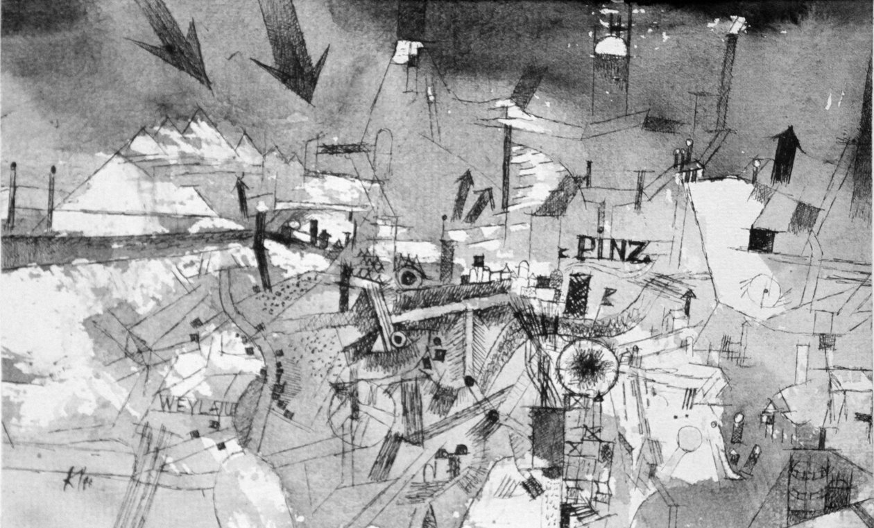 Näkymä vakavasti uhatusta Pinzin kaupungista tekijältä Paul Klee