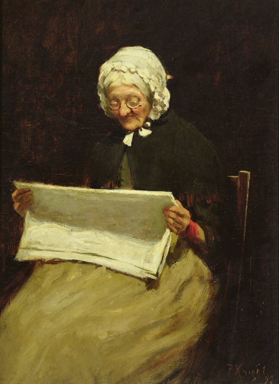 Vanha nainen lukemassa sanomalehteä, 1895 tekijältä Paul Knight