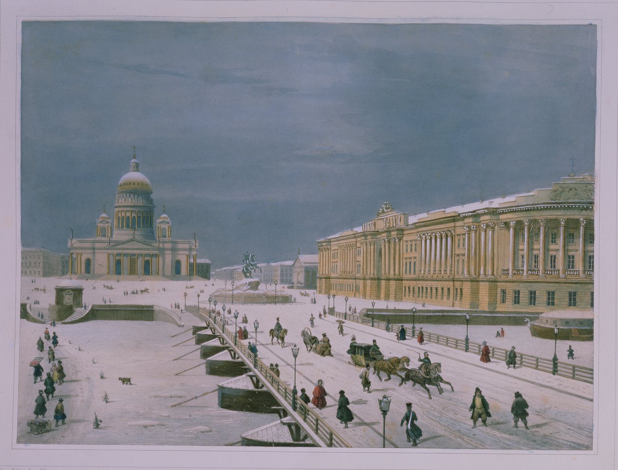 Iisakin katedraali ja Senaatintori Pietarissa, 1840-luku (värilitro). tekijältä Paul Marie Roussel