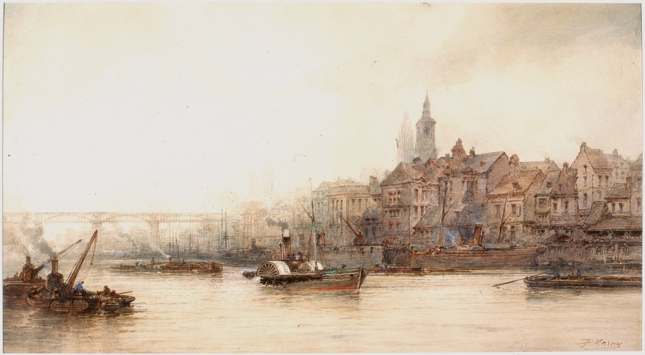 Newcastle River Frontage (vartaloväri, kynä ja wc paperilla) tekijältä Paul Marny