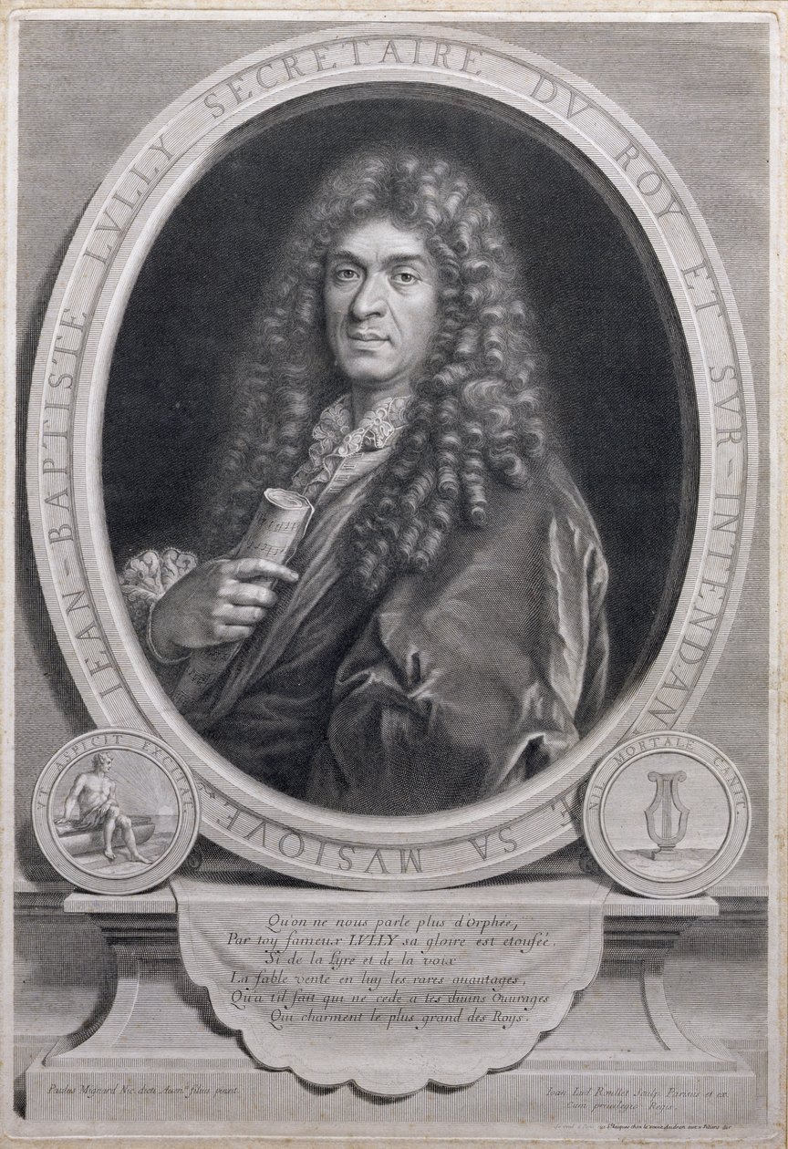 Jean Baptiste Lullyn (1632-87), ranskalaisen säveltäjän ja oopperan johtajan muotokuva, kaiverrus Jean Louis Roullet (1645-99) tekijältä Paul Mignard