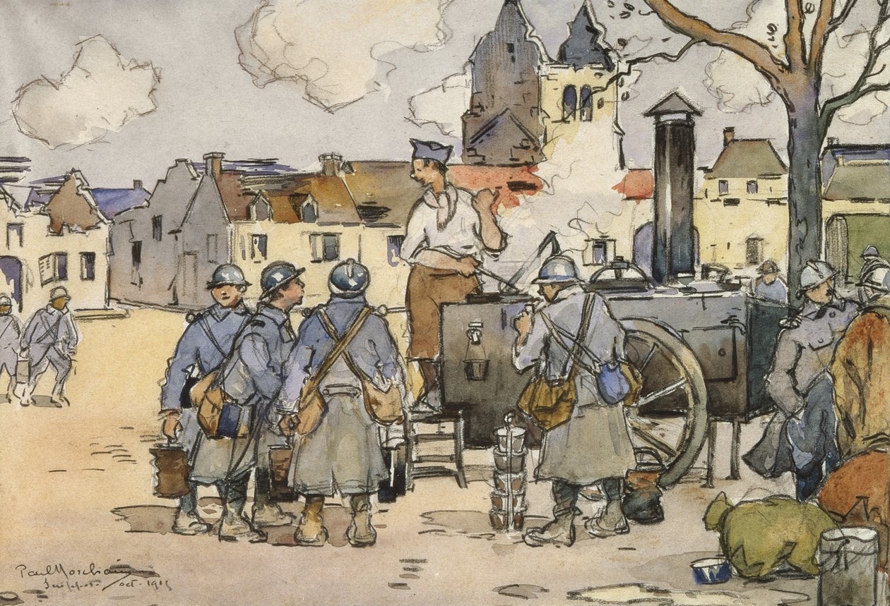 Ranskalaiset Snipers at a Field Kitchen, Marne, lokakuu 1915 (wc paperilla) tekijältä Paul Morchain