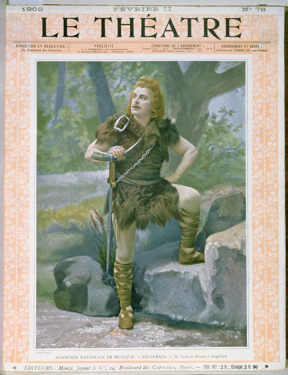 Le Theatre -lehden etukansi, jossa Jean de Reszke (1850-1925) esittää Siegfriediä Wagnerin Siegfriedissä, 11. helmikuuta 1902. tekijältä Paul Nadar