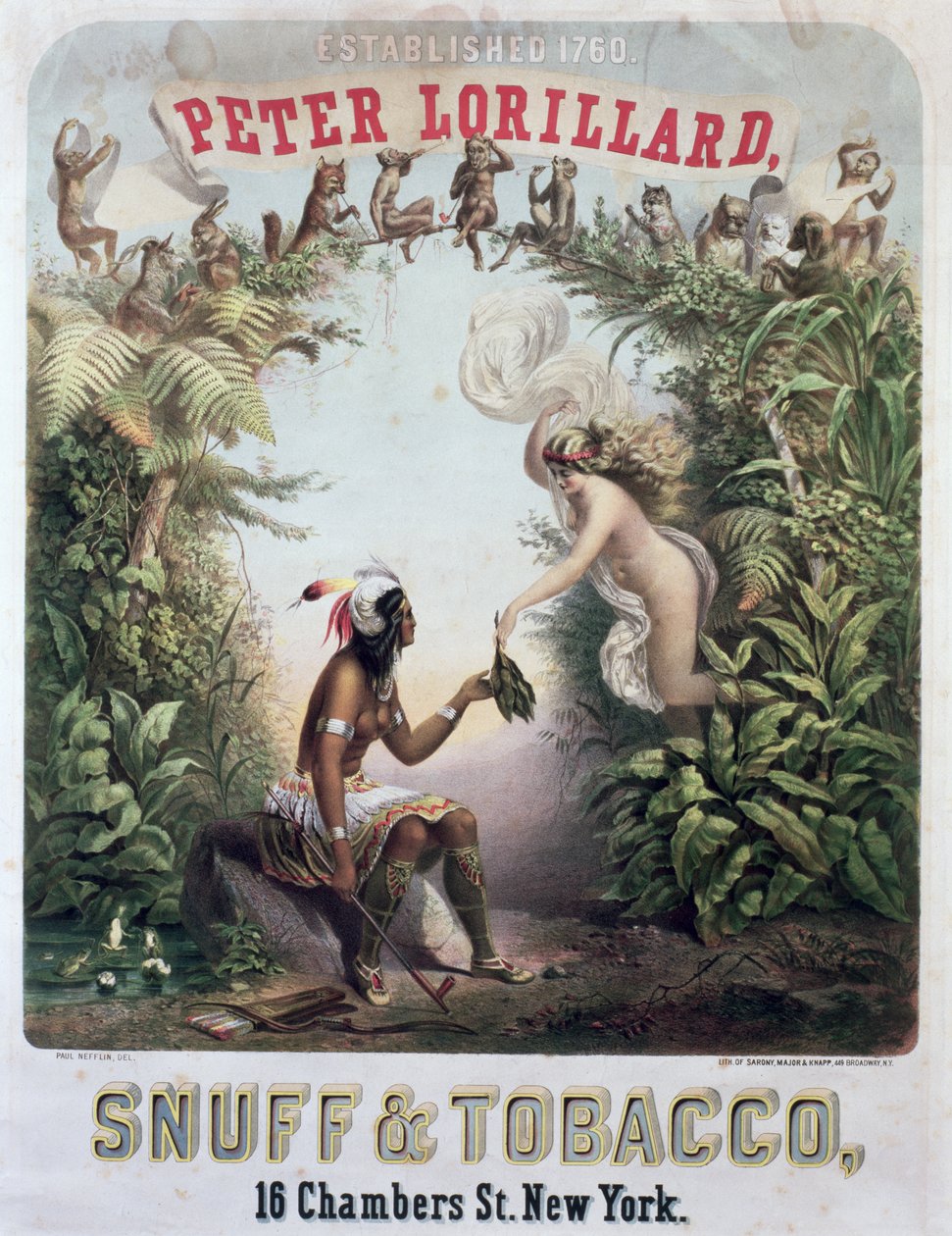 Snuff and Tobacco -mainos, kaiverrus Sarony, Major ja Knapp, New York, n. 1860 tekijältä Paul Nefflin