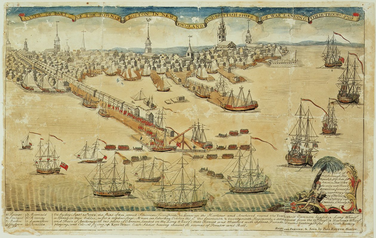 Näkymä osasta Bostonin kaupunkia Uudessa Englannissa ja brittiläisiä sotalaivoja laskeutumassa joukkoihinsa! 1768 tekijältä Paul Revere