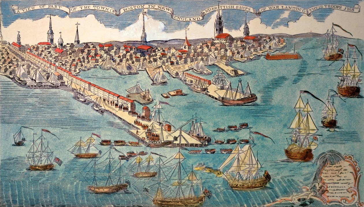 Näkymä osasta Bostonin kaupunkia Uudessa Englannissa ja brittiläiset sota-alukset laskeutuvat maihin joukkonsa, 1768 (käsinvärinen kaiverrus) tekijältä Paul Revere