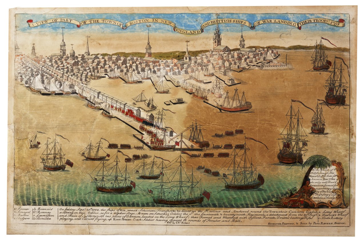 Näkymä Bostonin kaupungista Uudessa Englannissa ja brittiläisistä sotalaivoista, jotka laskevat joukkojaan, 1768, 1770. tekijältä Paul Revere