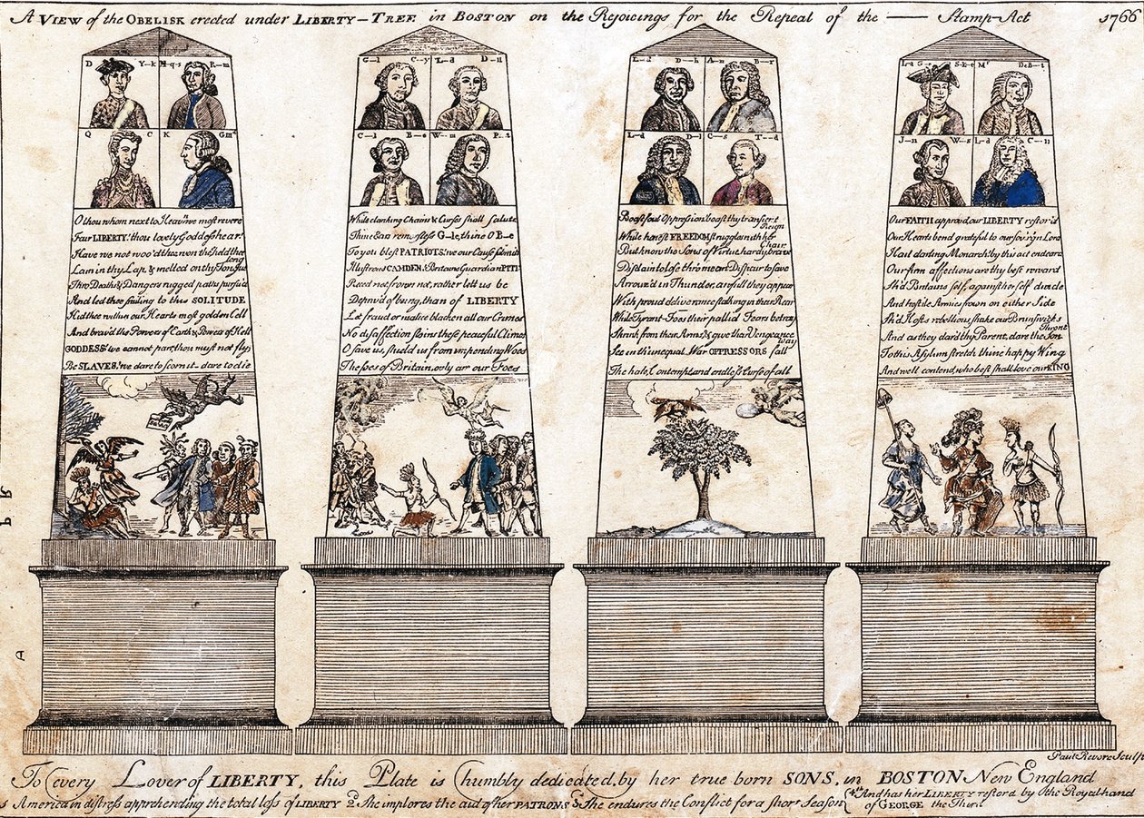 Näkymä obeliskista, joka pystytettiin Liberty-treen alle Bostoniin vuoden 1766 postimerkkilain kumoamisen johdosta tekijältä Paul Revere