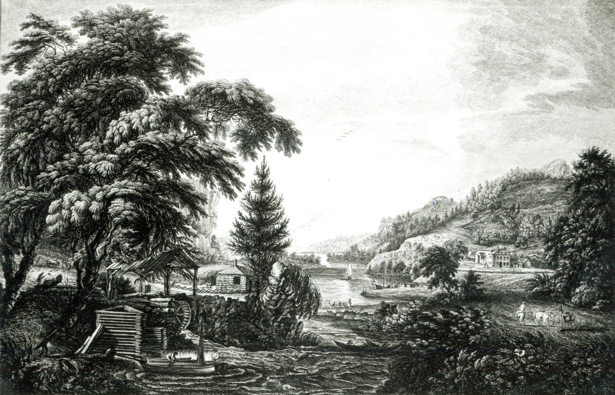Malli, joka edustaa amerikkalaisen siirtokunnan tai maatilan alkua ja valmistumista, Scenographia Americanasta, kaiverrettu James Peake, 1768 tekijältä Paul Sandby