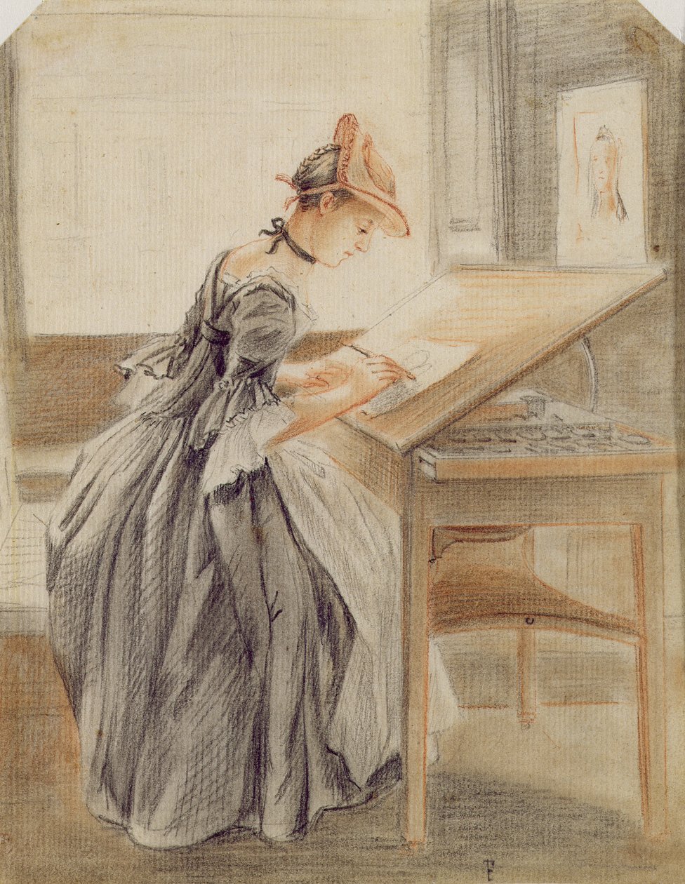 Nainen kopioimassa piirustuspöydässä, n. 1760-70 (grafiitti, punainen ja musta liitu ja kanto paperilla) tekijältä Paul Sandby