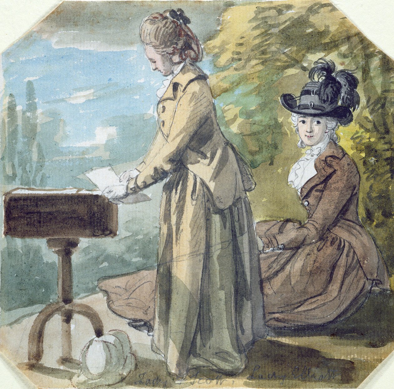 Lady Francis Scott ja Lady Elliot, n. 1770 (wc grafiitin päällä paperille) tekijältä Paul Sandby