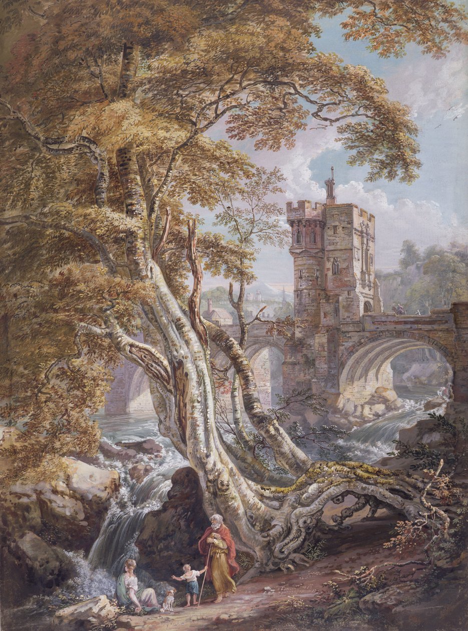 PD.8-1976 Näkymä vanhalle Walesin sillalle, Shrewsbury, n. 1770 (wc, guassi ja muste paperilla) tekijältä Paul Sandby