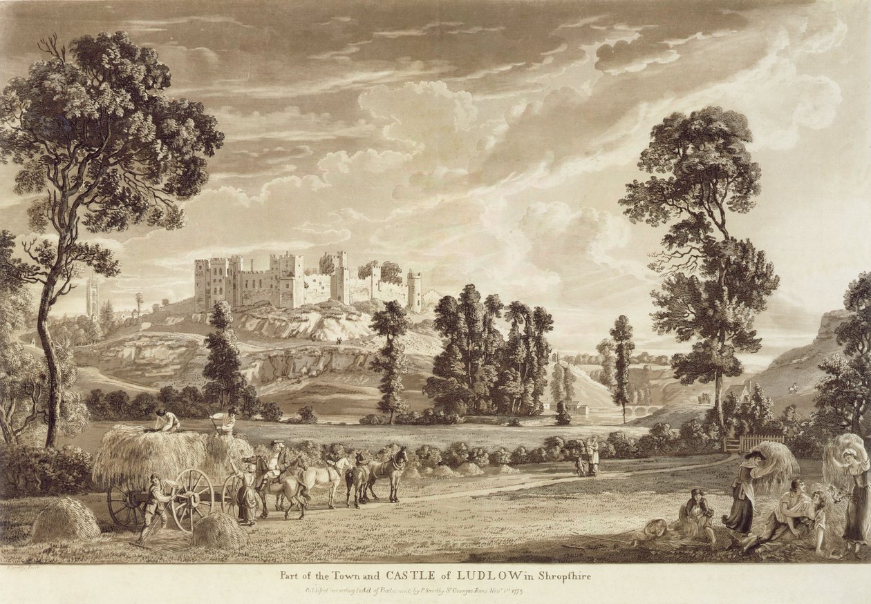 Osa Ludlowin kaupungista ja linnasta Shropshiressa, taiteilijan kaiverrus, julkaisija P. Sandby, 1779 (akvatintakaiverrus) tekijältä Paul Sandby