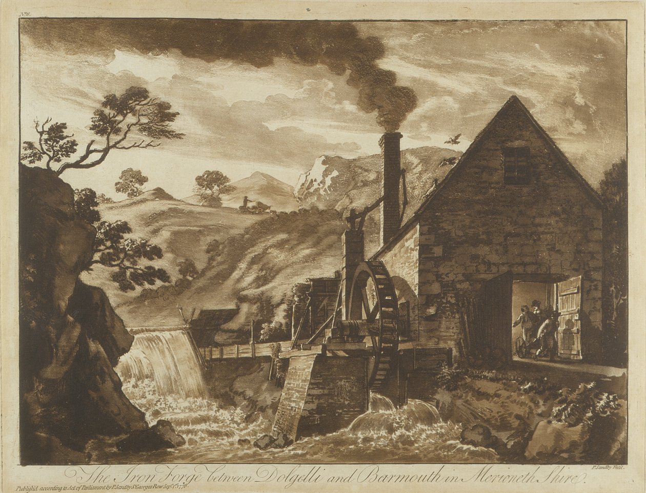 Rautatako lähellä Dolgellia ja Barmouthia Merionethshiressä, Walesin Twelve Viewsista, 1776 (akvatinta) tekijältä Paul Sandby