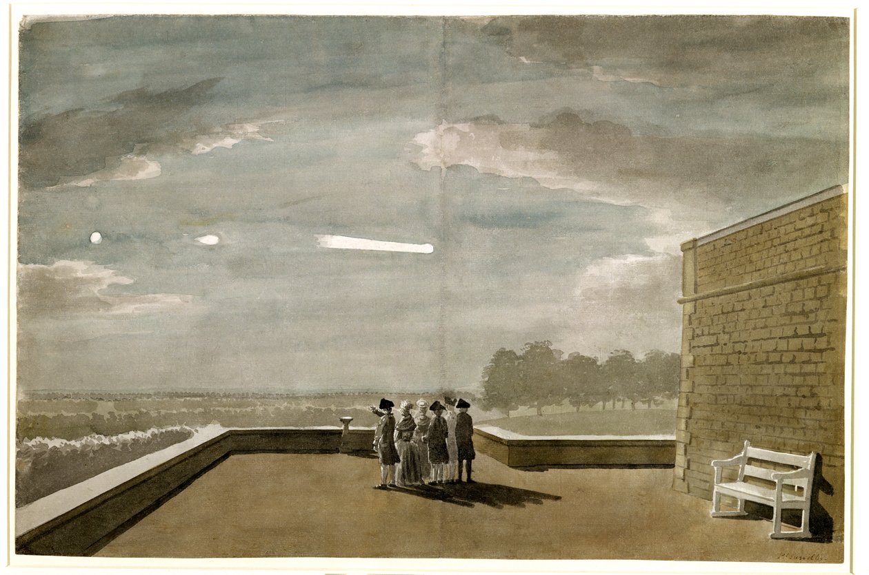 Meteori 18. elokuuta 1783 nähtynä pohjoisterassin itäkulmasta, Windsorin linna, 1783 tekijältä Paul Sandby