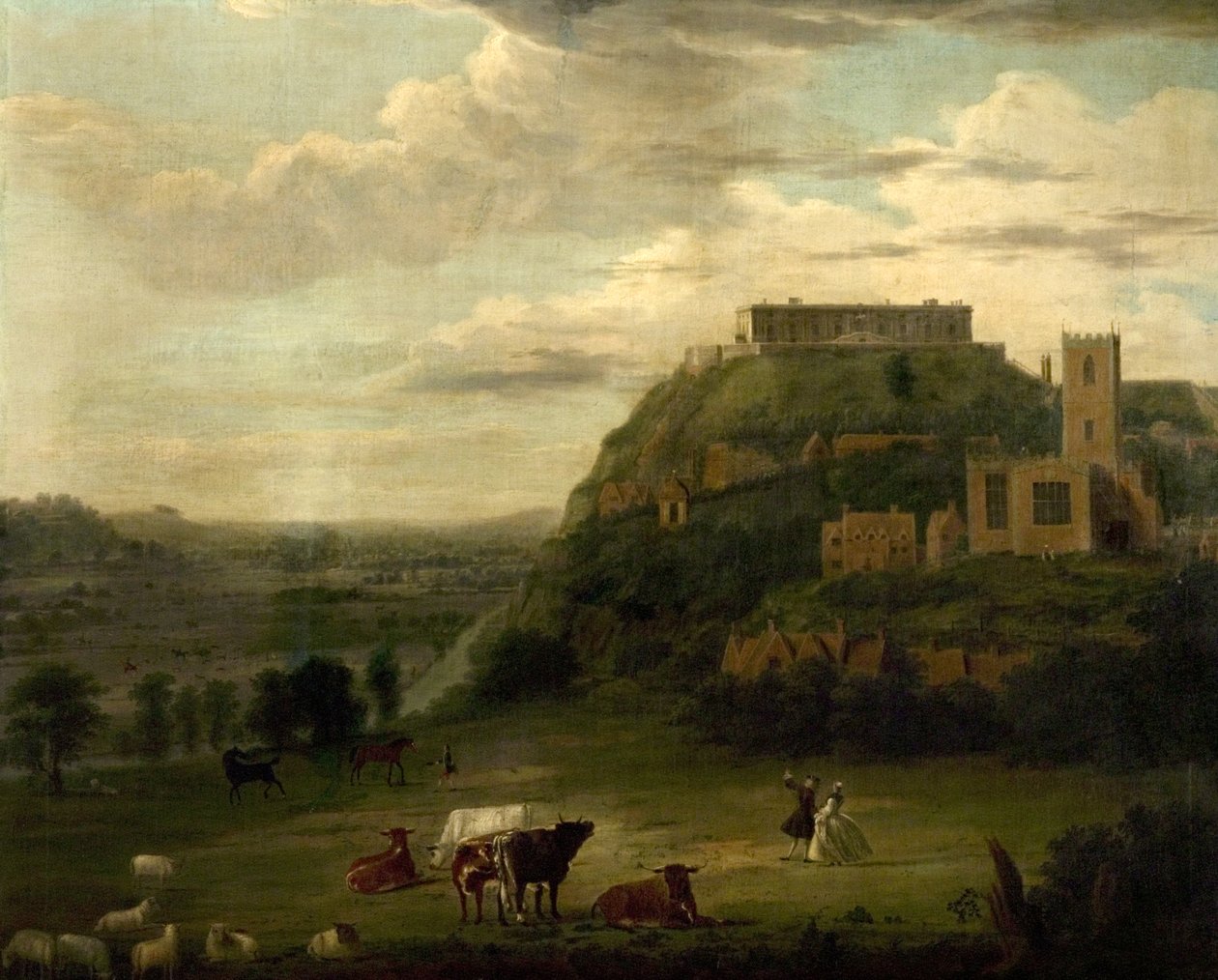 Näkymä Nottinghamin linnalle, Pyhän Nikolauksen kirkko ja talot, n. 1742-50 tekijältä Paul Sandby