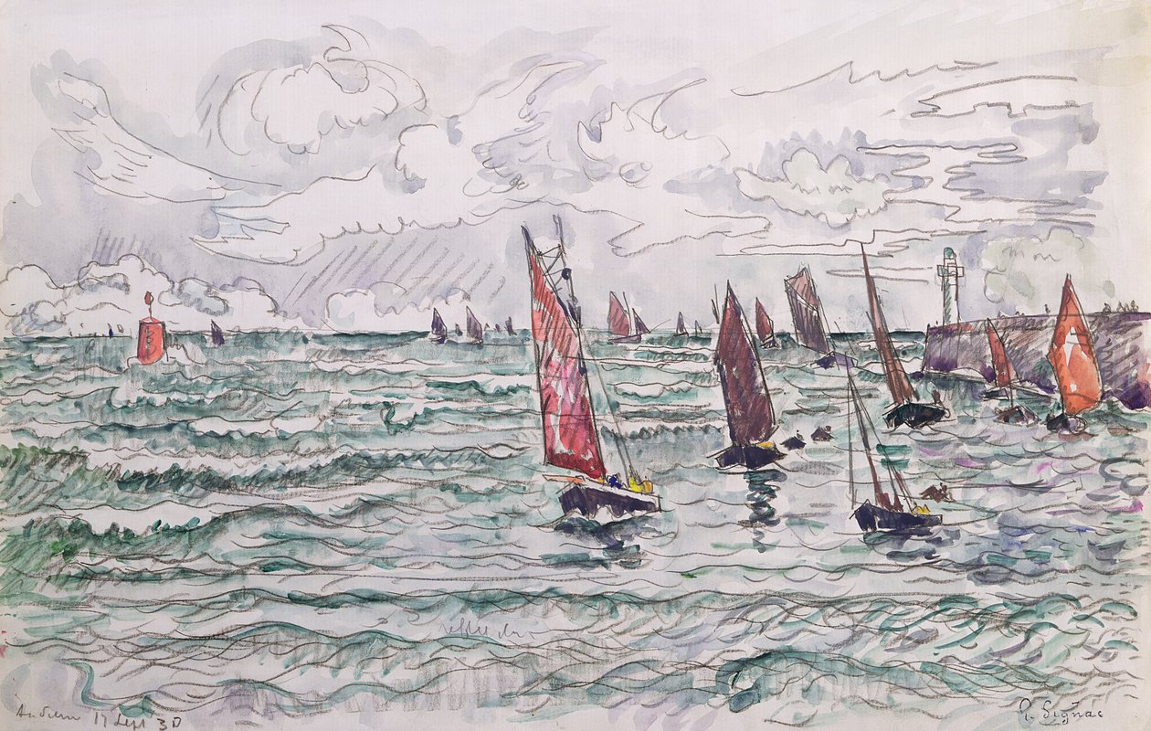 Audierne, Kalastusveneiden paluu, 1930 (wc ja kynä paperille) tekijältä Paul Signac