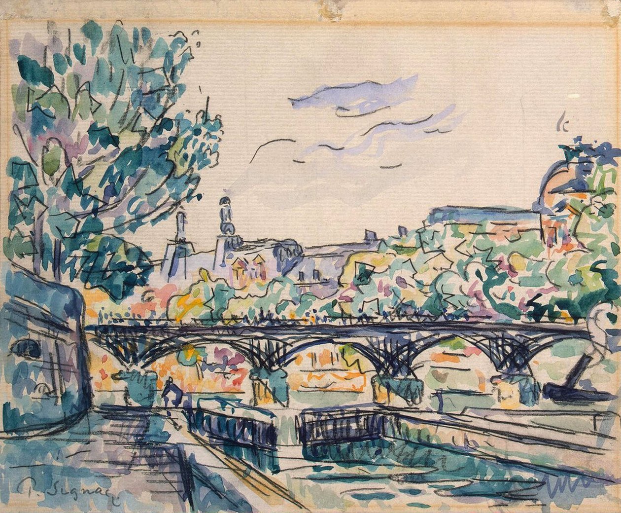 Seinen ranta lähellä Pont des Artsia, josta on näkymät Louvrelle (kynä ja muste wc:llä ja guassi paperilla) tekijältä Paul Signac