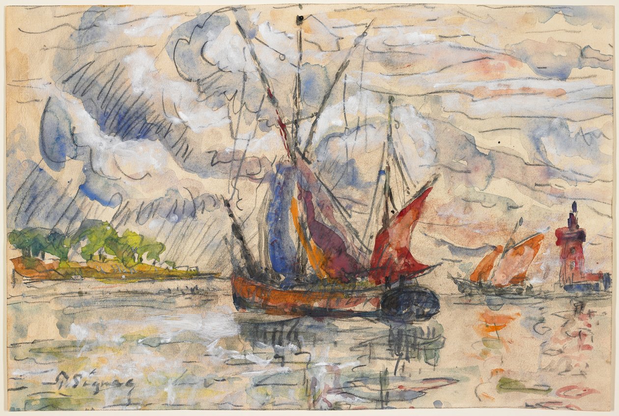 Kalastusveneet La Rochellessa, n. 1919-21 (grafiitti, wc ja läpinäkymätön valkoinen) tekijältä Paul Signac