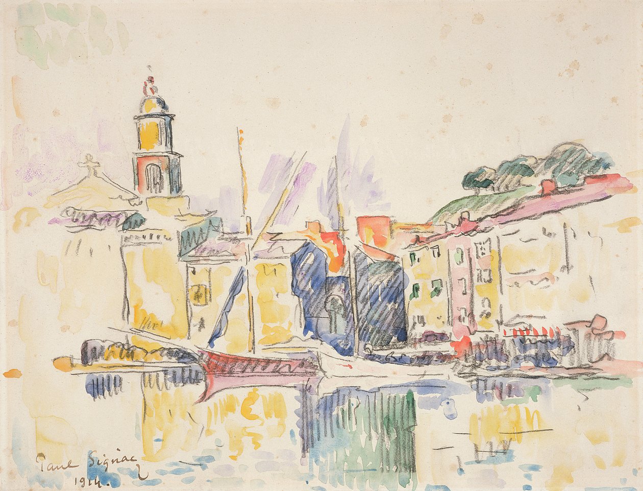 Ranskan St. Tropezin satama, 1914 (hiili ja wc paperilla) tekijältä Paul Signac
