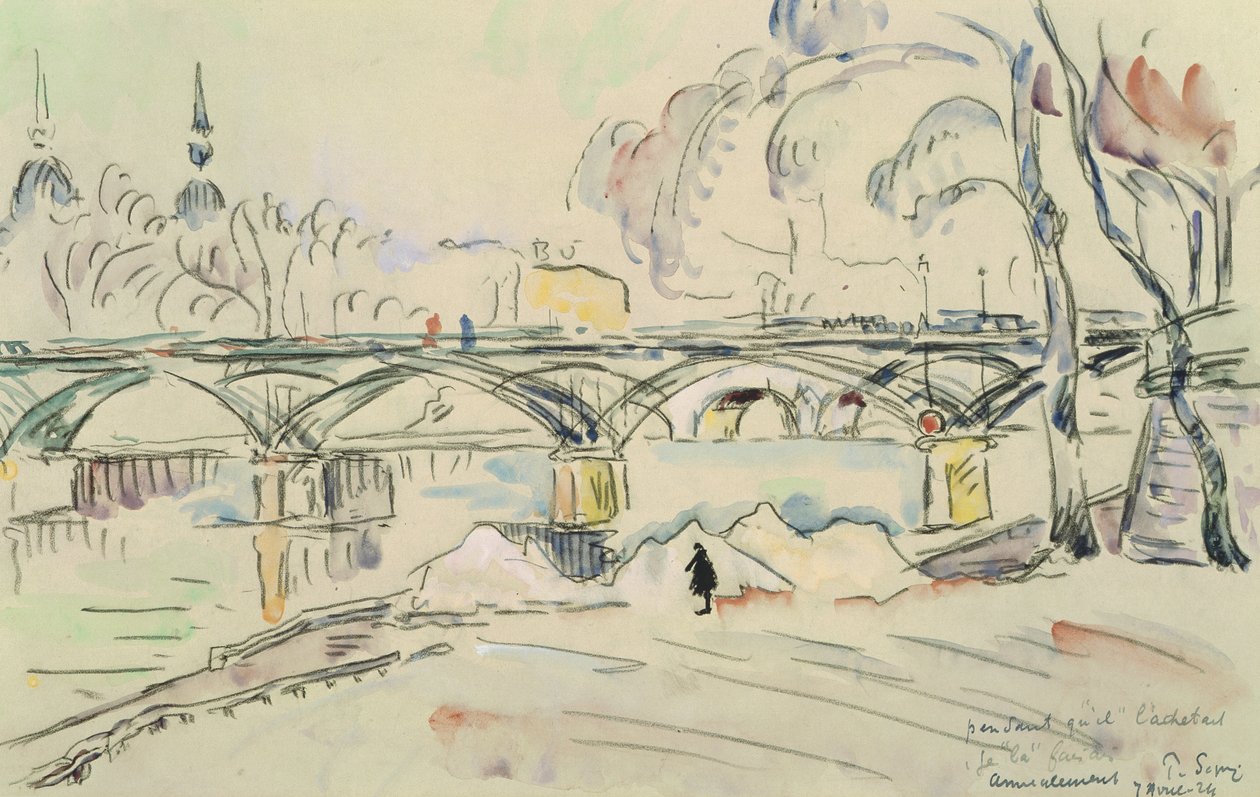 Pont des Arts, 1924 (lyijykynä ja wc paperille) tekijältä Paul Signac