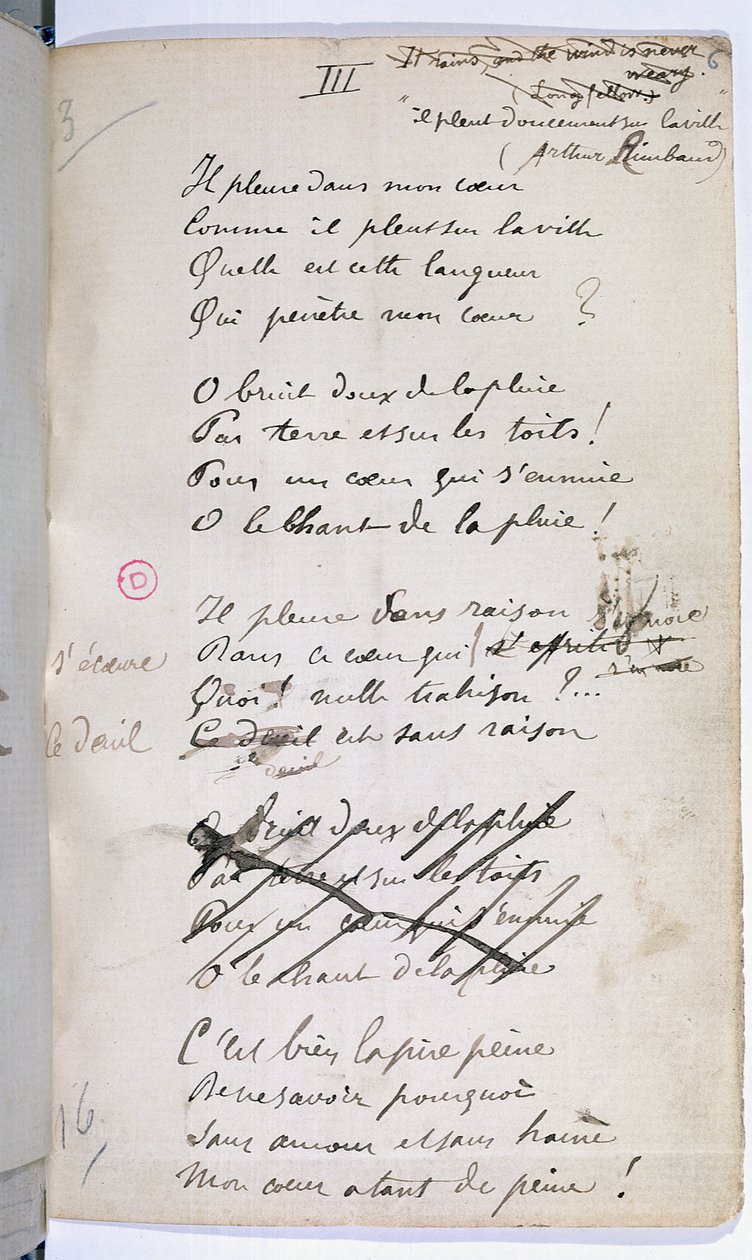 Käsikirjoitus "Ariettes Oubliés, III" teoksesta "Romances Sans Parole", 1874 tekijältä Paul Verlaine