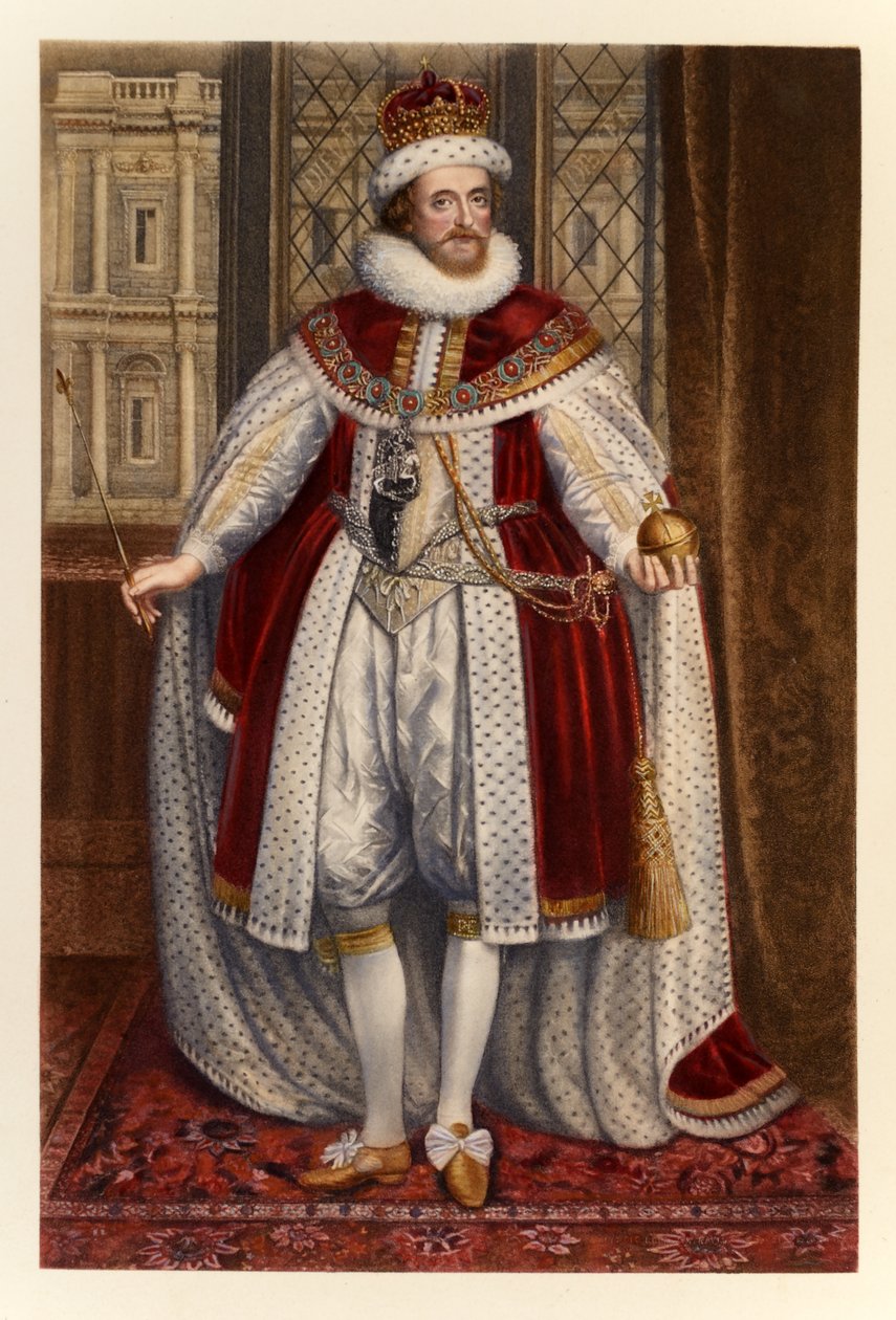 Englannin kuningas James I ja Skotlannin kuningas VI, James I ja VI:sta, kaiverrettu ja painanut Manzi Joyant und Co. Paris, 1904 (värikaiverrus) tekijältä Paul van Somer