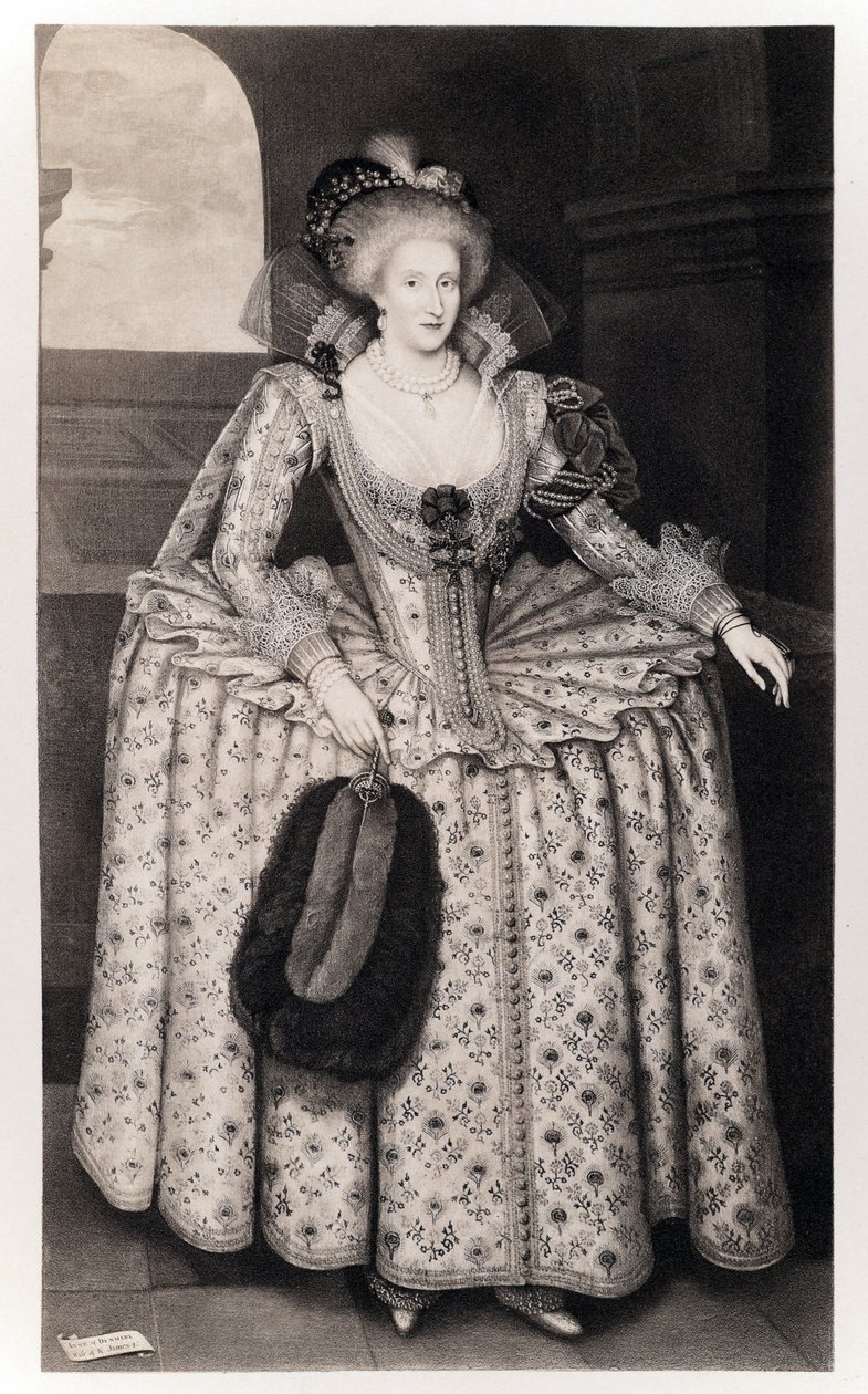 Tanskan kuningatar Anne (1574-1619) kirjasta "James I and VI", painanut Manzi Joyant und Co. Paris, 1904 (kollotyyppi) tekijältä Paul van Somer