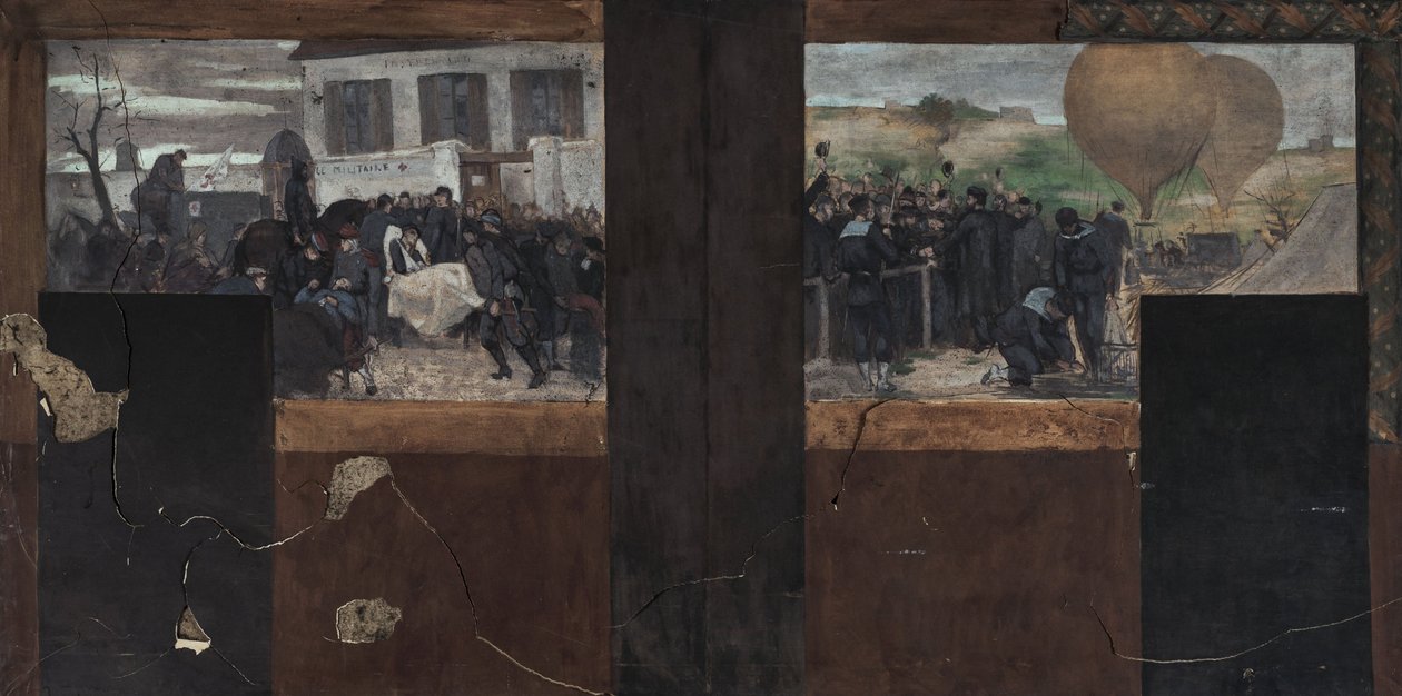 Luonnos Pariisin kaupungintalon prefektin toimistoa varten: Haavoittuneiden kuljettaminen ambulanssiin - Armand Barbès -aluksen lähteminen. tekijältä Paul Emile Mangeant