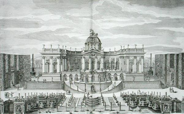 The Great Grotto ja Fountain Garden at Princely Pleasure Palace and Gardens, Berliini, kaiverrus Johann August Corvinus (1683-1738), julkaistu noin 1711-16 (kaiverrus) tekijältä Paul Decker
