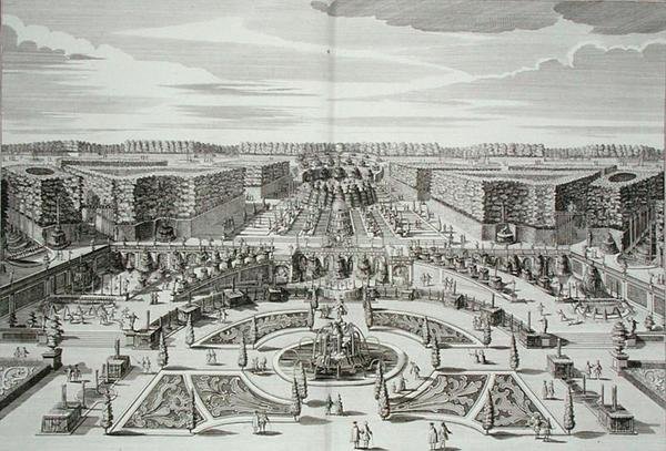 The Great Cascade of the Princely Pleasure Palace and Gardens, Berliini, kaiverrus Karl Remshard (1678-1735), julkaistu noin 1711-16 (kaiverrus) tekijältä Paul Decker