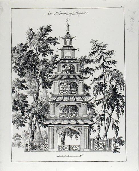 Kunniapagodi, kirjasta "Chinese Architecture, Civil and Ornamental", julkaistu 1759 (kaiverrus) (m/v kuva) tekijältä Paul Decker