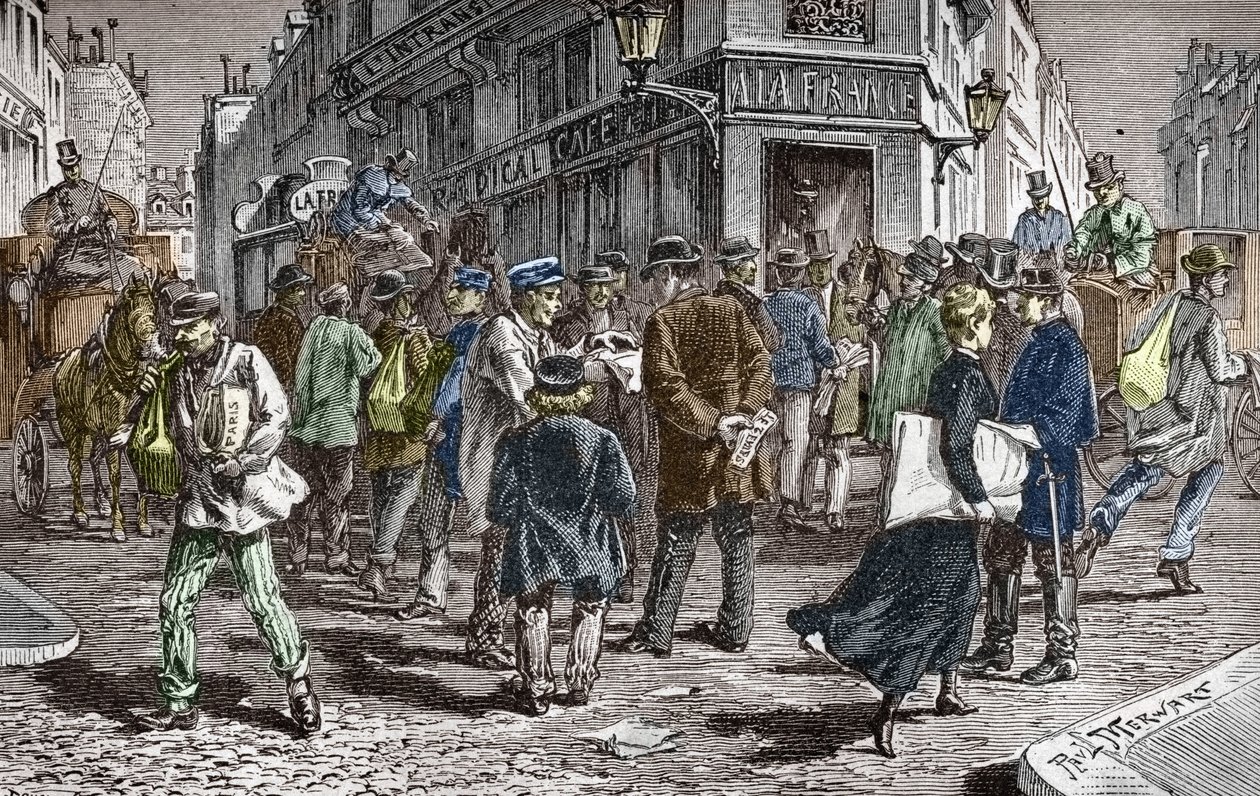 Näkymä Rue du Croissantille Pariisissa, monien sanomalehtien paikka tekijältä Paul (after) Merwart