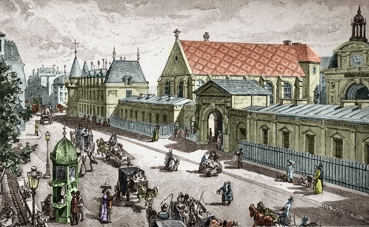Vue du Conservatoire des Arts et metiers (Cnam) a Paris, rue saint Martin a Paris - (Näkymä Pariisin taiteen ja käsityön konservatorioon) Kaiverrus Alexis Martin tekijältä Paul (after) Merwart