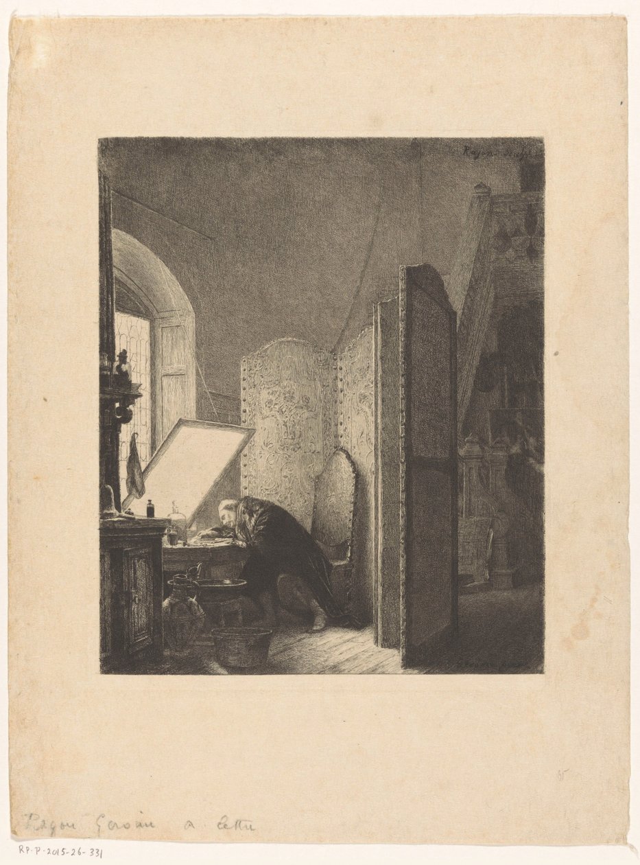 Rembrandtin etsaus studiossaan Rembrandt dance son studio tekijältä Paul Adolphe Rajon