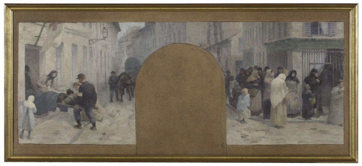 Luonnos Hôtel de Ville de Paris, cabinet du préfet: haavoittuneiden kuljettaminen ambulanssiin. Jonot kaupan edessä Pariisin piirityksen aikana vuonna 1870. tekijältä Paul Albert Baudouin